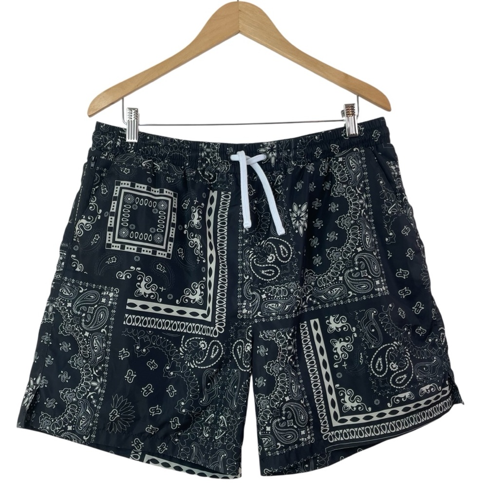 Maison Article Men's Black White Paisley Printed Swim Trunks Shorts Size XL